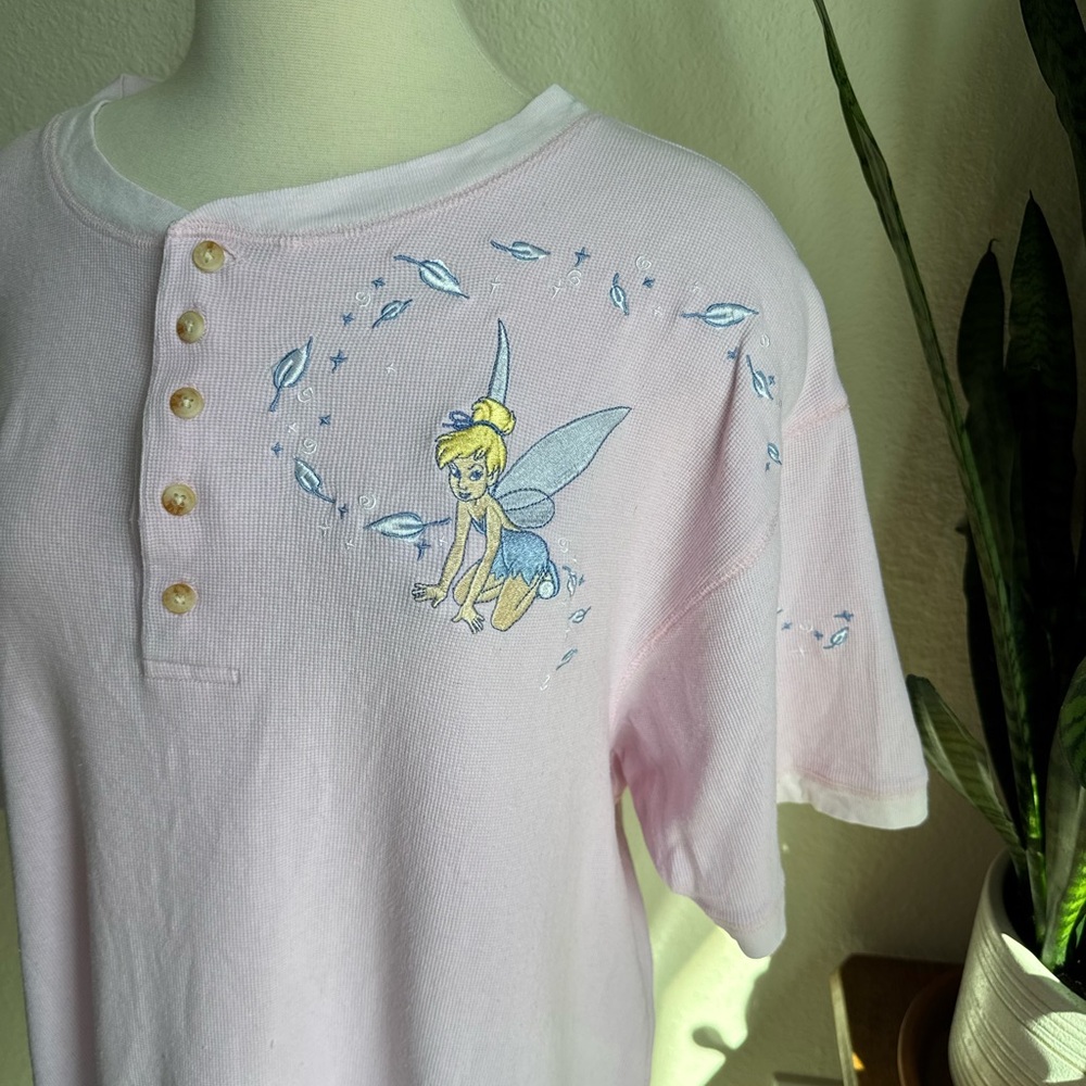 Vintage Disney Tinker Bell‎ Waffle Knit Henley Pink Tee L